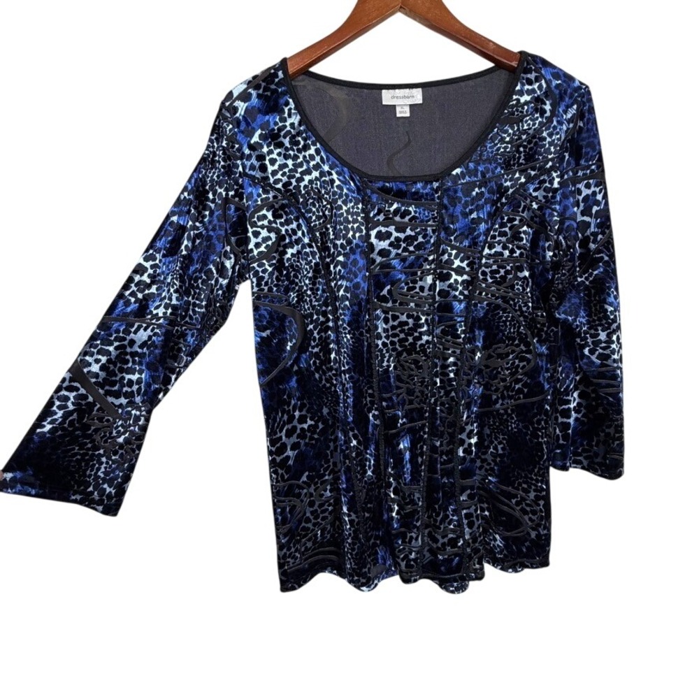 Dressbarn Womens Top XL Blue Animal Print Velvet Burnout Blouse Whimsigoth Glam